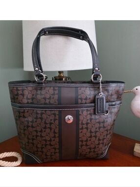 Coach F15137 Signature Stripe Chelsea Tote Brown Coated Canvas Bag Y2K